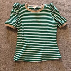 Anthropology green and tan stripe puff sleeve top size small.